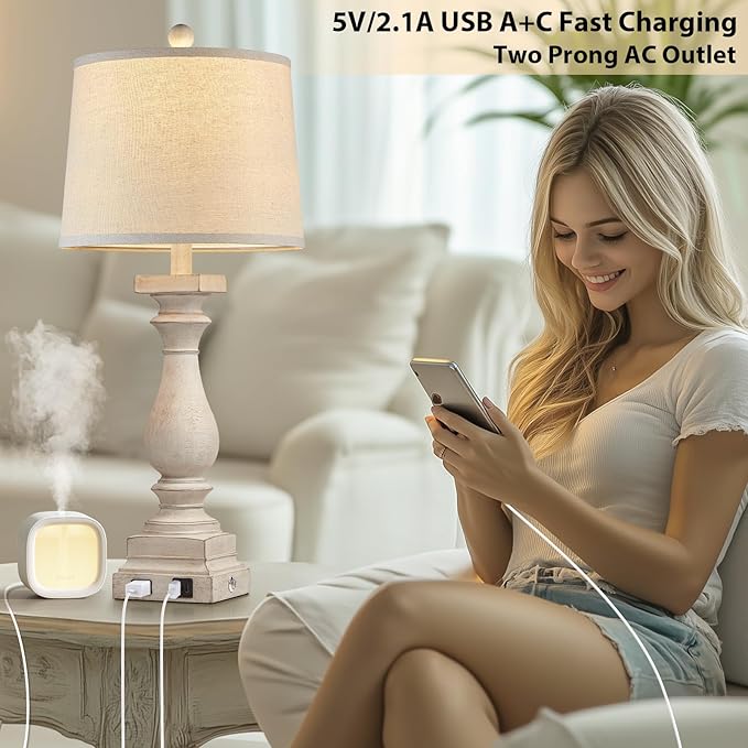 28" Tall Farmhouse Table Lamps with USB C+A Ports and AC Outlet, 3 Way Touch Control Rustic Bedside Lamps for Bedroom, Beige Vintage Nightstand Lamps for Living Room Office