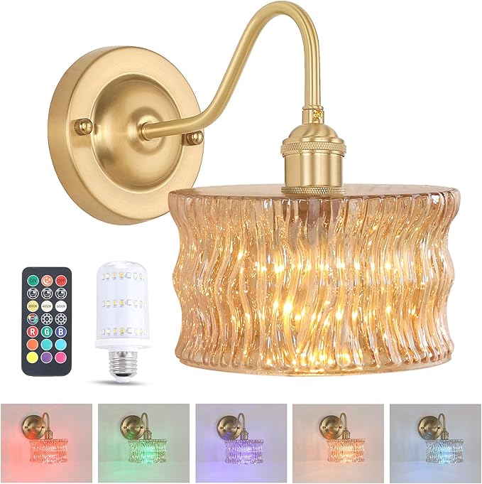 Battery Operated Wall Sconce, Vintage Rechargeable Wall Lights with Amber Ripple Glass Shade, Wireless Indoor Wall Lamp with Remote for Bedroom Living Room Bathroom Hallway