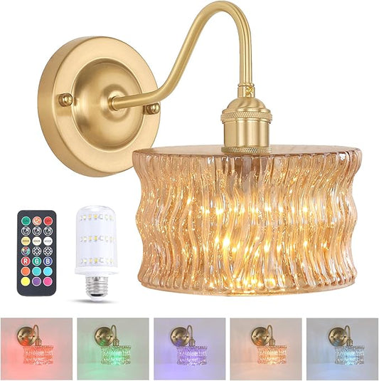Battery Operated Wall Sconce, Vintage Rechargeable Wall Lights with Amber Ripple Glass Shade, Wireless Indoor Wall Lamp with Remote for Bedroom Living Room Bathroom Hallway
