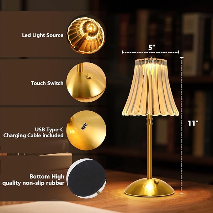 2 Pack Touch Cordless Table Lamp Rechargeable, 3600mAh Battery Operated Small Crystal Lamp, 3 Color Dimmable Vintage Gold Table Light for Bedroom/Kitchen/Gift for Home Décor (Art Decor)