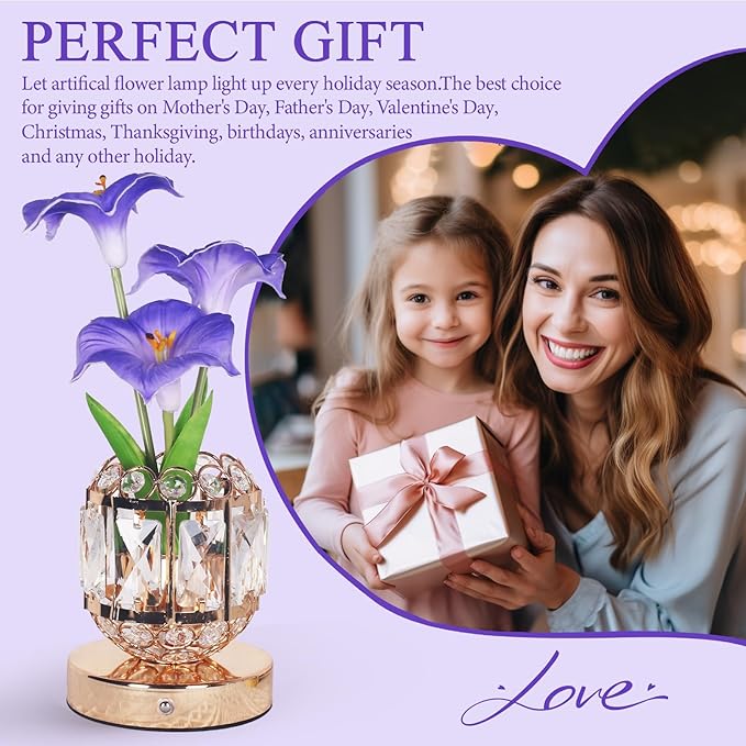 Flower Table Lamp, 3-Color Dimmable Artificial Flowers Night Light, Rechargeable Cordless Small Desk Lamp, Morning Glory with Crystal Vase for Party Date Home Decoration (Purple - Morning Glory)