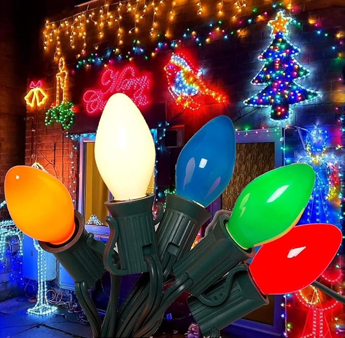 C7 Christmas String Lights-25ft Ceramic Vintage Multicolor Lights with 27 Colorful Incandescent Bulbs (2 Spare), Outdoor String Lights for Party Backyard Christmas Wedding