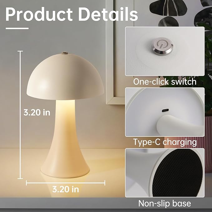 Rechargeable Cordless Table Lamp, Battery Operated Touch Control Lamp with 3-Color Stepless Dimming, Portable LED Light for Restaurant, Bedroom, Outdoor, Dinner, Patio