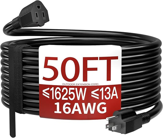 16/3 50 FT Outdoor Extension Cord Waterproof, Weatherproof & Flame Retardant Black 3 Prong Power Cord Outside for Lawn & Garden, 13 Amps 1625 Watts 125 VAC 16AWG SJTW, ETL Listed