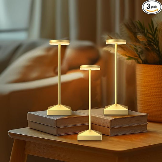 3 Pack 7.67in Gold Small Cordless Table Lamps Rechargeable, Battery Operated Mini Lamp, Small Lamp Touch Portable Table Lights, LED Night Light for Bedside/Dining/Bar/Outdoor (Gold-C)