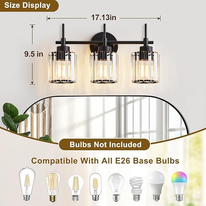 3 Light Crystal Vanity Light, Bathroom Lighting Fixtures Over Mirror Black Crystal Wall Light Bath Wall Lighting Modern Bath Wall Sconce Lighting for Bedroom Living Room