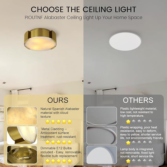 Modern Alabaster Ceiling Light,14.17in Gold Round Alabaster Flush Mount Ceiling Lights,Hardwired Natural Marble Kitchen Lighting Fixtures Ceiling for Bedroom,Dining,Living Room,Foyer,E12 Bulb Included