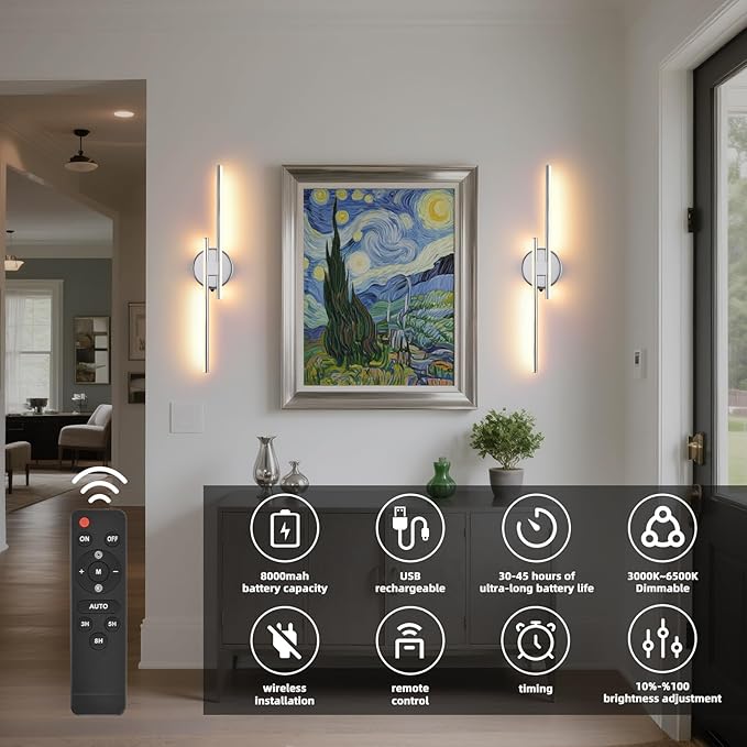 Rechargeable Battery Operated Wall Sconce Set Of Two, Chrome Wireless LED Wall Sconces With Remote Control, Dimmable 3 Colors Cordless wall lights for Living Room, bedroom, Hallway, 23.6 Inch ( 2pcs)