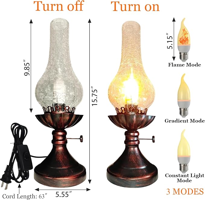 Vintage Table Lamp - 3 Modes Dimmable Retro Rustic Desk Lamp with Crackle Glass Shade, Antique Victorian Style, E26 Bulb Included, Ideal for Bedroom, Living Room, Home Decor (Transparent Glass)