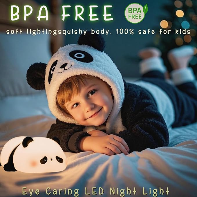 Panda Cute Night Light, Squishy Panda Kids Lamp, Rechargeable Dimmable Animal Light Decor, Pandas Gifts, College White Elephant Gift, LED Touch Nightlight for Baby Boy Girl, Safe Silicone