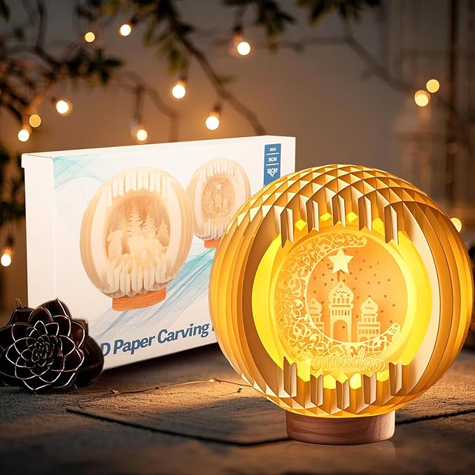 Light Up Ramadan lights with USB Charging for Tabletop, Paper Carving Ramadan Decorations for Home,Ramadan Decor Lamp,Ramadan Gifts for Kids,Ramadan Mubarak Kareem Sign for Eid Table Decorations (not Wood Material)