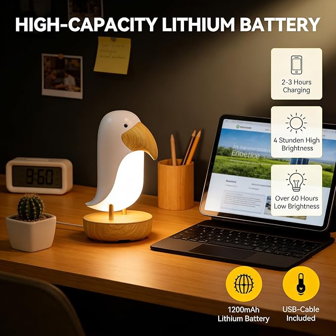 Bird Table Light - Rechargeable Night Light, Cordless Desk Lamp, Decor Lamp for Bedroom, Nursery, Living Room | Warm White LED, Gift for Bird Lovers & Home Decoration