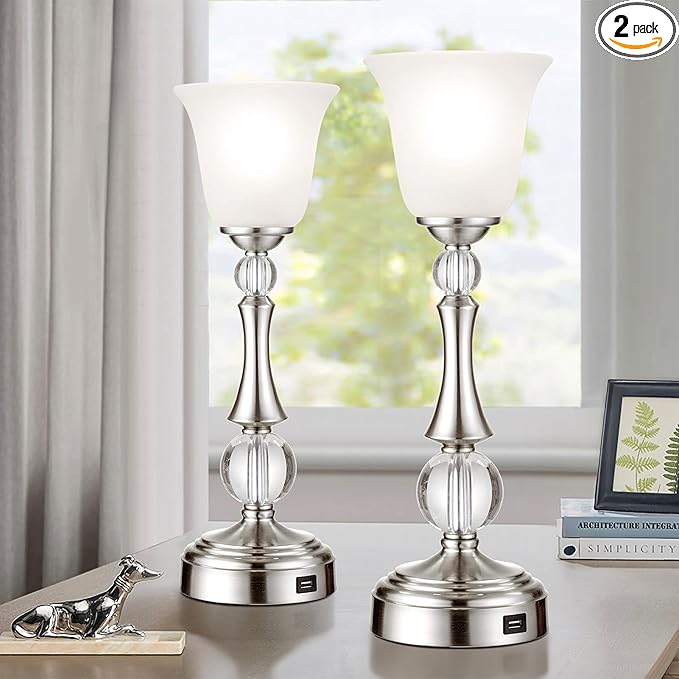 Touch Control Set of 2 Crystal Table Lamps with USB Charging Port, Bedside Nickel Desk Lamp and White Glass Shade for Bedroom Nightstand Living Room Side Table End Table, LED Bulb Included