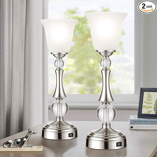 Touch Control Set of 2 Crystal Table Lamps with USB Charging Port, Bedside Nickel Desk Lamp and White Glass Shade for Bedroom Nightstand Living Room Side Table End Table, LED Bulb Included