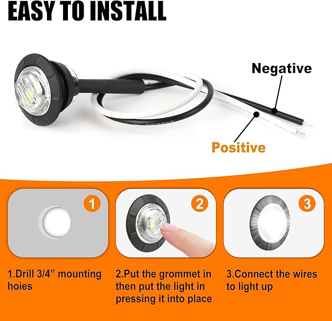 ALFU 10PCS 3/4" White 12V LED Boat Interior Lights Marine Navigation Lights Clearance Marker Lights Round Bullet Side Indicator Lamps for Truck, Trailer, RV, Van, Boat, Bus, Caravan