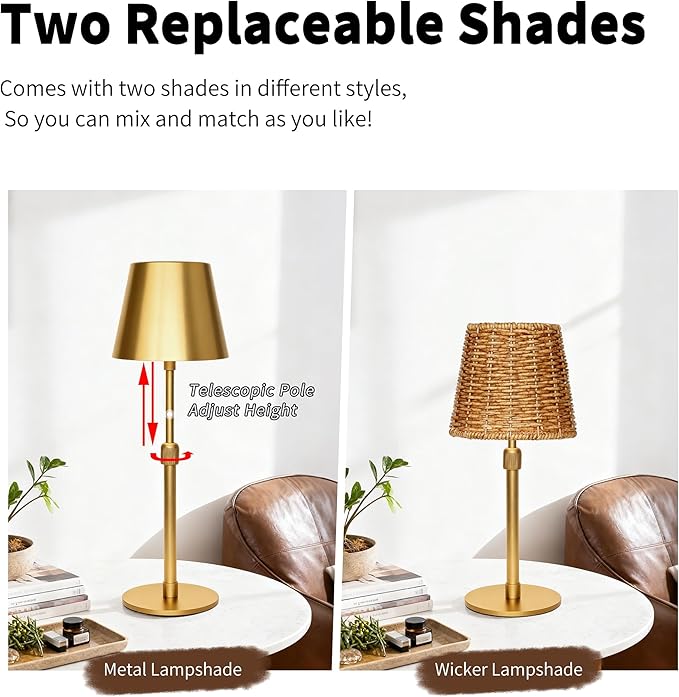 Mr.White Outdoor Waterproof Rechargeable Cordless Table Lamp with Telescopic Pole & Wicker Shade, 5200mAh Battery Operated Table Light with Touch Control, for Patio Restaurant Kitchen (Gold)