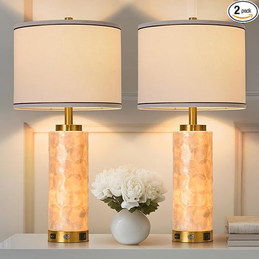 AIDENOEY 26" Modern Art Glass Table & Bedside Lamp, Stepless Dimmable Base + Dimmable 3-Color Light, USB A/C Charging Ports, Touch Control & Switch for Bedroom, Living Room, Office, Study