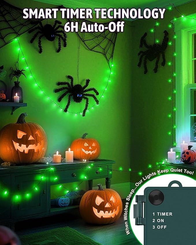 Halloween Lights Battery Operated, Green Fairy Lights with Timer Waterproof 9.8ft 30 LED Halloween Decorations for Outdoor Indoor Patio Home Party Garden Yard Decor 2 Packs