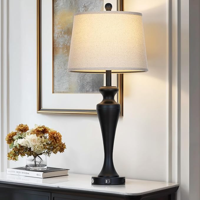 30 Inch Black Table Lamp Single, 3-Way Dimmable Touch Control Living Room Lamps with USB A+C Ports and AC Outlet, Tall Bedside Lamps for Nightstand, Modern Metal Bedroom Lamp, Bulb Included