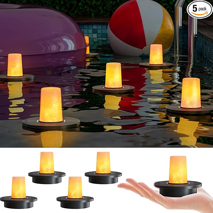 Solar Floating Pool Lights 5-Pack, 3.8” Small Floating Flickering Candles for Pools, Pond, Garden & Outdoor Decor, IP66 Water-Resistant, Auto Dusk-to-Dawn, 8-Hour Ambient Lighting