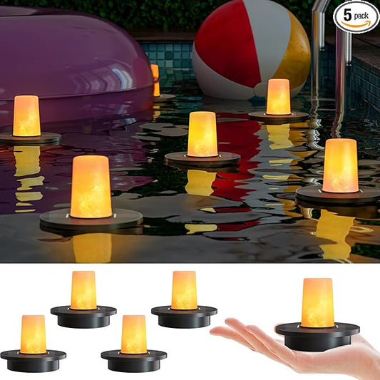 Solar Floating Pool Lights 5-Pack, 3.8” Small Floating Flickering Candles for Pools, Pond, Garden & Outdoor Decor, IP66 Water-Resistant, Auto Dusk-to-Dawn, 8-Hour Ambient Lighting