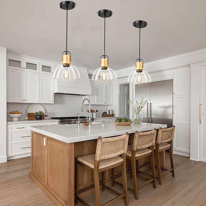 2 Pack Glass Pendant Lights Kitchen Island, Modern Farmhouse Pendant Light Fixture with 7.5" Clear Glass Shade, Hanging Light for Dining Room, Bedroom, Bathroom, Solid Wood