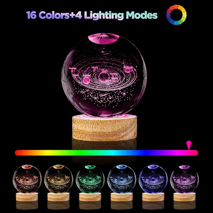 3D Solar System Crystal Ball Night Light,3.15in k9 Crystal Ball Lamp with 16 Colors Change,Wooden Base and Remote Control Decor Gifts for Kids (Solar System)