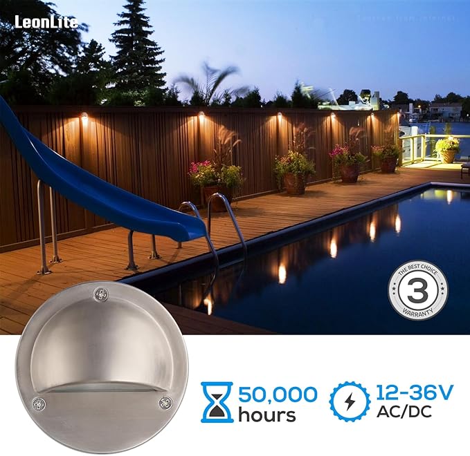 LEONLITE LED Low Voltage Deck Lights, 170LM 4.09inch Landscape Step Railing Fence Light, 12-36V AC/DC, Die-cast Aluminum Housing & Frosted Glass Lens, UL Listed Cord, Satin Nickel, 3000K, Pack of 6