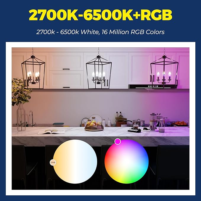 Lightinginside E12 Smart Light Bulbs 60W Equiv., Work with Alexa/Google Home/Smart Life, 500LM 6W RGBCW Candle Candelabra LED Light Bulbs, No Hub Required, 2.4G WiFi Bluetooth Bulb, ETL Listed, 4PCS