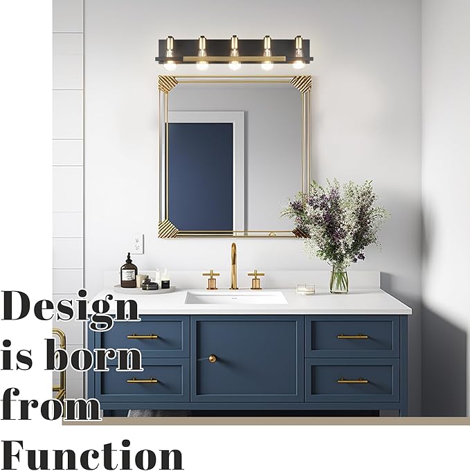 Hamilyeah 5 Light Bathroom Vanity Light Fixture Black and Gold, 32 inch Vintage Bathroom Lighting Fixture Over Mirror, Industrial Wall Mounted Lighting for Living Room, Dining Room