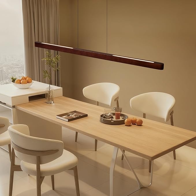 71" Wood Linear Pendant Light, Modern Pendant Lights Kitchen Island with Remote, 24W LED Wood Linear Hanging Chandelier for Dining Room, Kitchen Island, Bar, Pool Table-Walnut