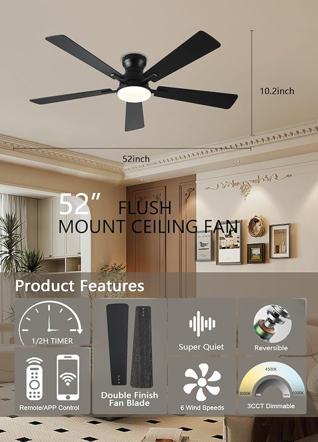 Ceiling Fans with Lights, 52Inch Low Profile Ceiling Fan with Light and Remote/App Control, Modern Flush Mount Black Ceiling Fan, 3CCT Dimmable, Reversible DC Motor, for Living Room,Bedroom