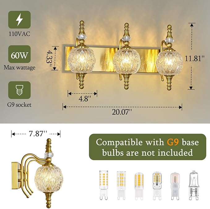 Modern Crystal Bathroom Vanity Lights Fixtures Over Mirror Gold Vintage 3-Lights 20 Inch Bathroom Light Fixtures Glass Crystal Vanity Lights