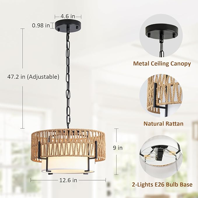 Rattan Pendant Light, 12.6" Boho Chandelier with Fabric Shade, Farmhouse Hanging Light Fixture Chandelier for Dining Room, Living Room, Bedroom, Kitchen Island, Foyer, Hallway