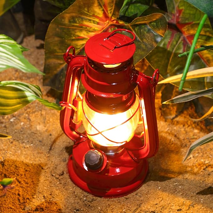 Hortsun 8 Pcs 8 Inch Vintage LED Hurricane Lantern Metal Red Outdoor Battery Operated Hanging Lantern with Warm LEDs and Dimmer Switch for Halloween Christmas Indoor Rustic Farmhouse Camping Decor
