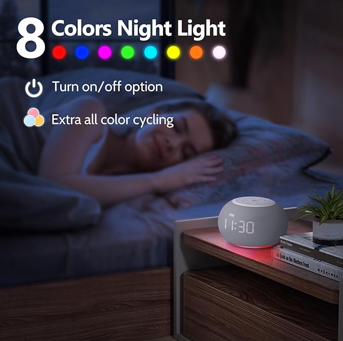 Reacher Auto-Dimmable Sound Machine Alarm Clock with Night Light, 20 Soothing Sounds, LED Digital Display, Sleep Timer, Precise Volume Control, White Noise Soother for Baby, Adults, Bedrooms