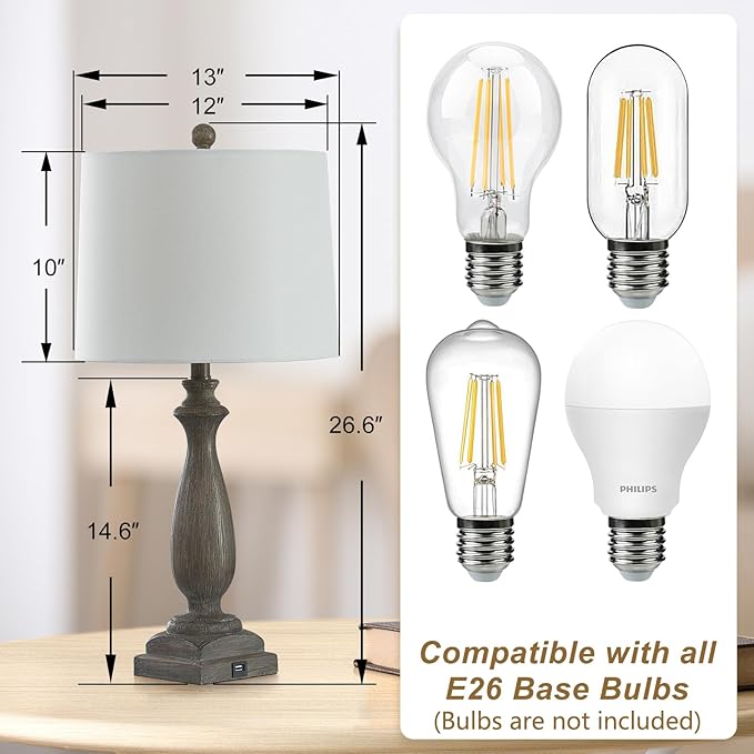 26'' Traditional Table Lamps Set of 2 with USB Charging Port, 3-Way Dimmable Rustic Farmhouse Resin Bedside Lamps for Bedroom, Vintage Nightstand Desk Lamp for Living Room &White Linen Shade