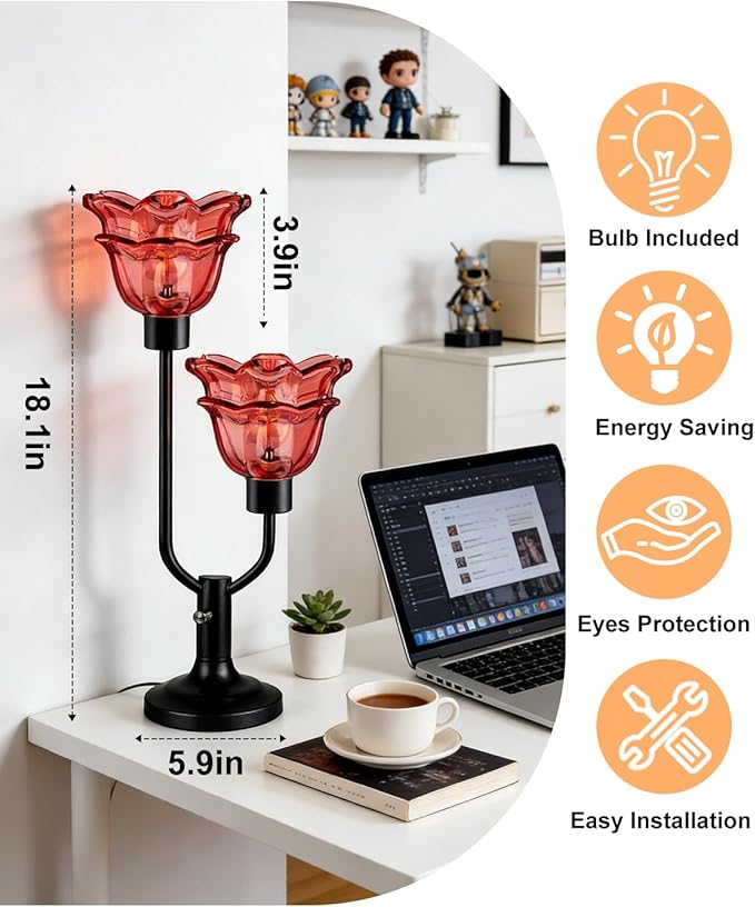 Lightdot Mid Century Modern Flower Table Lamp Black Dimmable U-Shaped Deep Red Glass Desk Lamps with 2Pcs 3000K Warmwhite Bulbs Included Bedside Nightstand Lamp for Living Room Bedroom