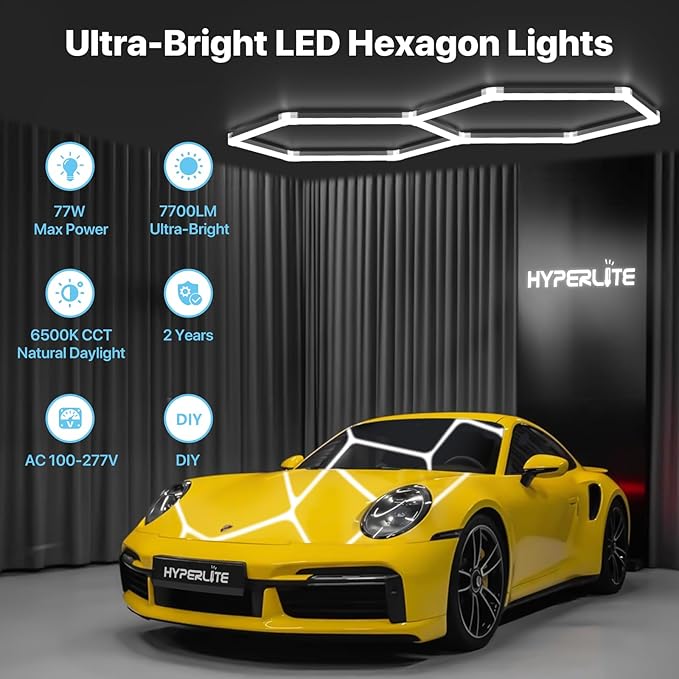 HYPERLITE Gen 2 Hexagon Garage Lights: 77W 7700LM 2 Grids DIY Hexagon Led Light, 6500K Ultra Bright Honeycomb Hex Lights, Easy Install, Durable Design for Garage, Shop, Basement, Barber, Homegym
