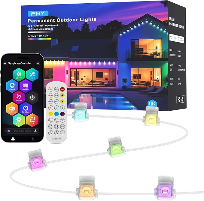 FNY Permanent Outdoor Lights 150ft Smart RGB with 90 LED, IP67 Waterproof for Outdoor Decor, App/Remote Control Eaves Lights Compatible with Alexa, Google Assistant, DIY Scene Modes for Christmas