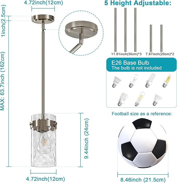 4.72" Hammered Glass Pendant Lighting for Kitchen Island 1 Pack, Modern Brushed Nickel Pendant Light Fixtures, Adjustable Ceiling Pendant Light for Kitchen Island Dining Room Bedroom Hallway