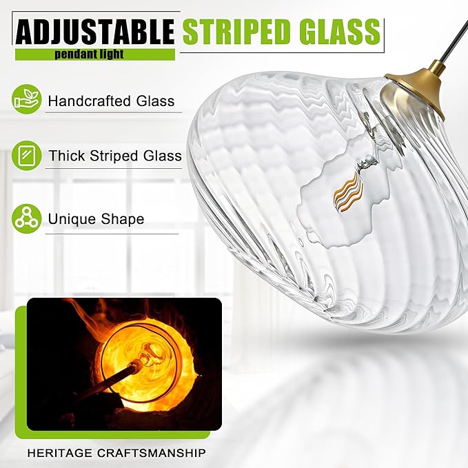 Glass Pendant Lights Kitchen Island, Brass Gold Pendant Lighting Fixtures, Modern Hanging Ceiling Light with 11'' Striped Clear Glass Shade for Farmhouse Dining Room Bedroom Hallway(1 Pack)