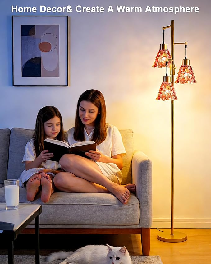 Lightdot 65" Glass Floor Lamps for Living Room, 3-Light Dimmable Floor Lamp with Rose Red Glass Shade& E12 Bulbs Included, Mid Century Standing Tall Lamp for Bedroom/Sofa Beside/Corner Decor-Gold