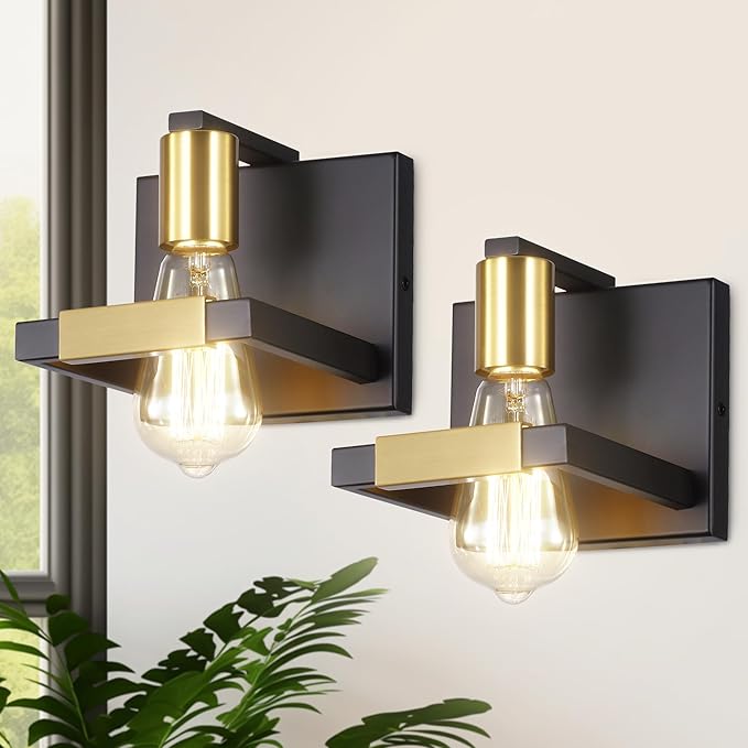 Hamilyeah Black Wall Sconces, Industrial Sconces Wall Lighting Fixtures Matte Black and Gold, Indoor Hardwired Wall Sconces for Bathroom Bedroom Living Room Kitchen Set of Two UL Listed