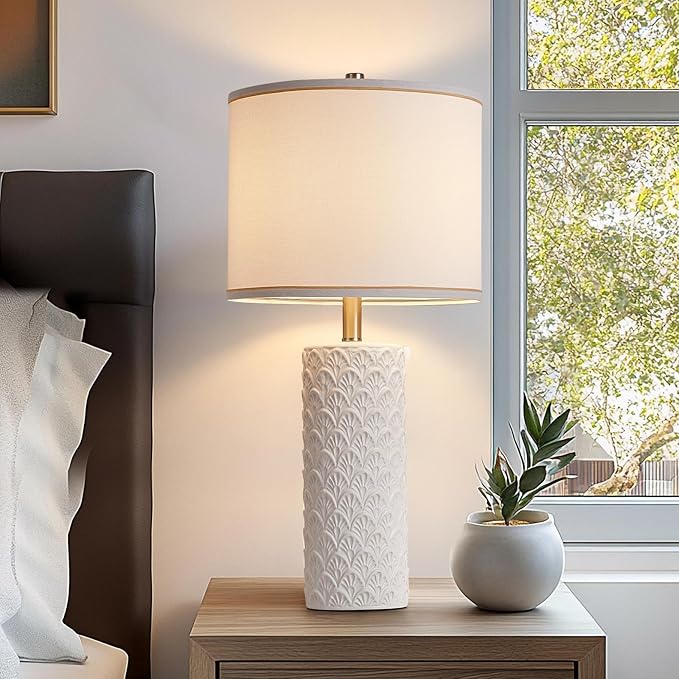 27" Farmhouse Bedside Table Lamp Set of 2, White Modern Ceramic Lamps for Living Room, 3 Color Temperature Rustic Table Lamps for Bedroom, Night Stands, Dorm,Office, Home Décor (Bulb Included