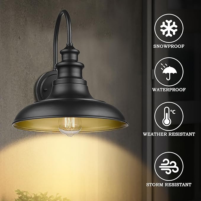 Outdoor Barn Light Fixtures, 12.3 Inch Large Dome Farmhouse Wall Mount Light Gooseneck Wall Sconce Exterior Wall Lighting Fixture Industrial Black Finish Lantern for Porch with Gold Interior, 2pack