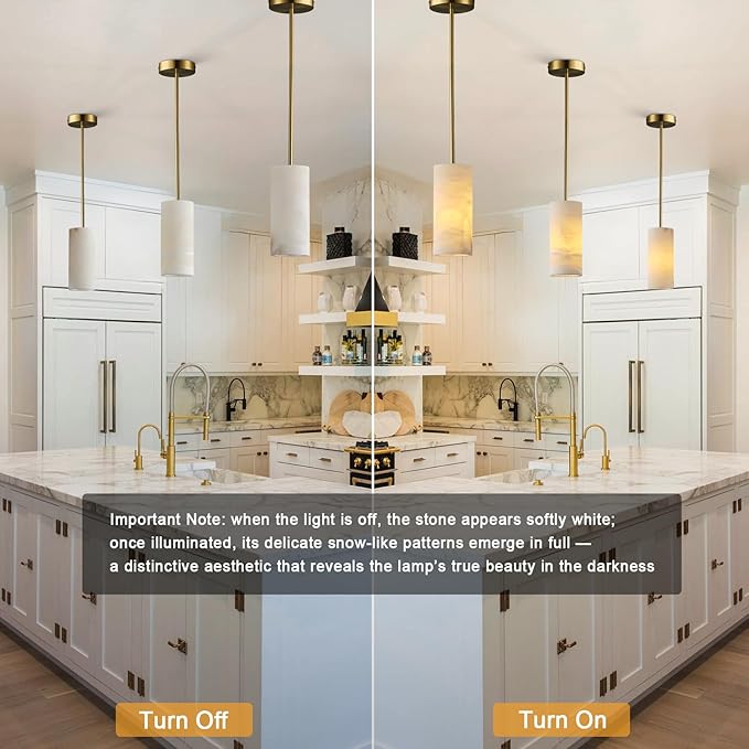 Alabaster Pendant Light for Kitchen Island, H-9.5in Modern Brass Hanging Light Fixture with Natural Alabaster Stone Shade, Adjustable Pendant Lighting Over Sink, Dining, Bar, Counter
