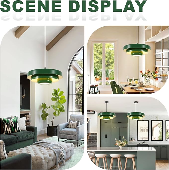 Large Green Pendant Light, 3-Layer Metal Mid Century Modern Chandelier, Vintage Farmhouse Hardwired Ceiling Fixture for Dining Room and Living Room