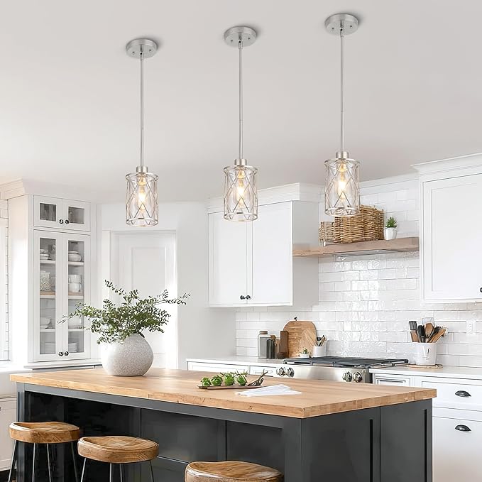 Refice Glass Pendant Lights Kitchen Island, Brushed Nickel Kitchen Hanging Light with Clear Glass, Farmhouse Cage Mini Pendant Lighting for Sink Dining Room Bedroom Bar, 2 Pack