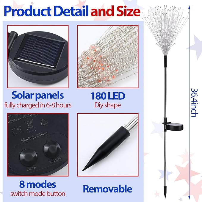 8 Pcs 4th of July Solar Firework Stake Lights 180 LED 8 Modes Solar Waterproof LED Sparkler Lights Outdoor Patriotic Decor for USA 250th Anniversary Garden Patio Yard Pathway (Red White Blue)